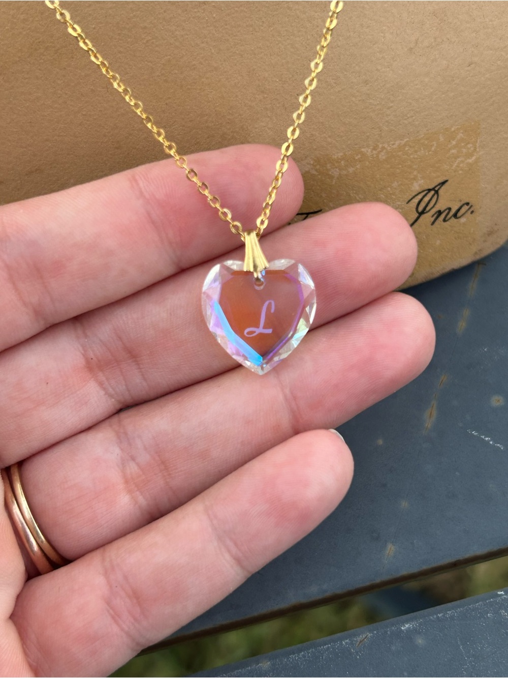 Elegant L Initial Iridescent Crystal Heart Pendant Necklace Gold Tone Chain